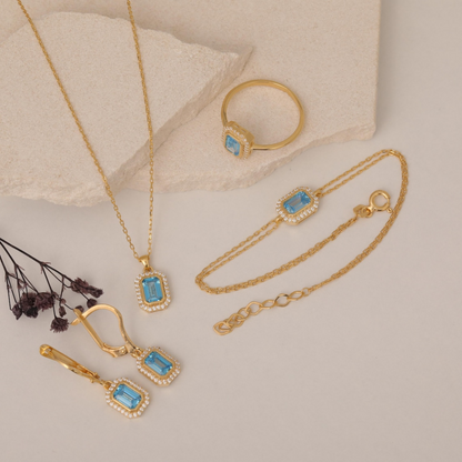 Rectangle Blue Topaz Bezel Stud Earrings in 10K/14K Solid Gold Surrounded with Real Diamonds, December Birthstone Jewelry
