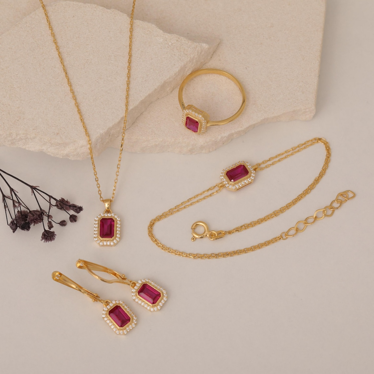 Rectangle Ruby Bezel Dangle Earrings in 8K/10K/14K Solid Gold Surrounded with Real Diamonds, July Birthstone Jewelry
