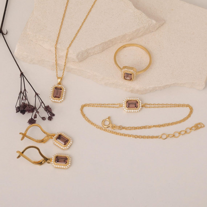 Rectangle Smoky Quartz Bezel Necklace in 8K/10K/14K Solid Gold Surrounded with Real Diamonds, Birthstone Jewelry