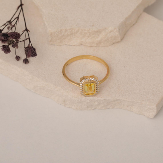 Rectangle Yellow Topaz Bezel Ring in 14K Solid Gold Surrounded with Real Diamonds, November Birthstone Jewelry