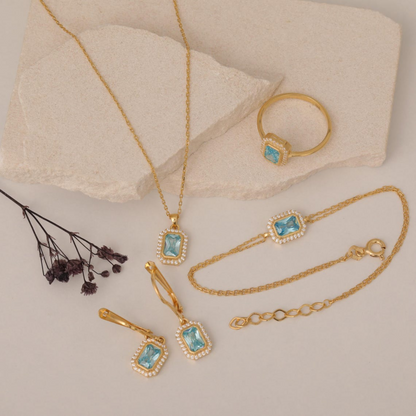 Rectangle Aquamarine Bezel Bracelet in 8K/10K/14K Solid Gold Surrounded with Real Diamonds, March Birthstone Jewelry