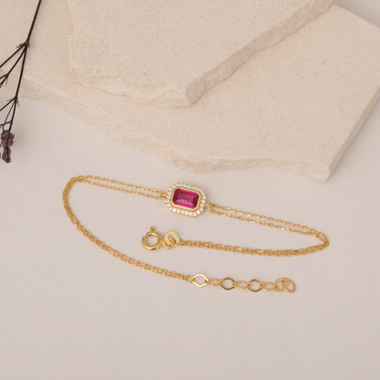 Rectangle Ruby Bezel Bracelet in 8K/10K/14K Solid Gold Surrounded with Real Diamonds, July Birthstone Jewelry