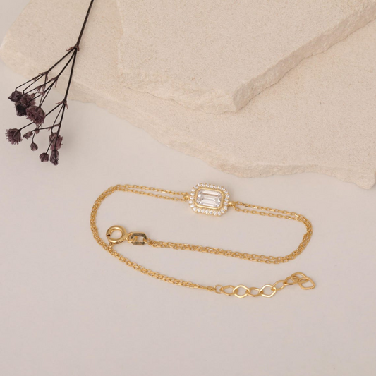 Rectangle White Topaz Bezel Bracelet in 8K/10K/14K Solid Gold Surrounded with Real Diamonds, April Birthstone Jewelry