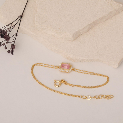 Rectangle Pink Tourmaline Bezel Bracelet in 8K/10K/14K Solid Gold Surrounded with Real Diamonds, October Birthstone Jewelry