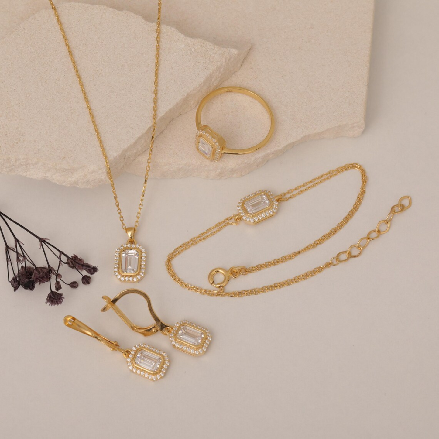 Rectangle White Topaz Bezel Dangle Earrings in 8K/10K/14K Solid Gold Surrounded with Real Diamonds, April Birthstone Jewelry
