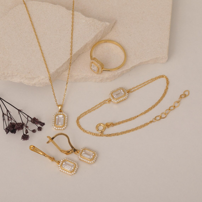 Rectangle White Topaz Bezel Dangle Earrings in 8K/10K/14K Solid Gold Surrounded with Real Diamonds, April Birthstone Jewelry