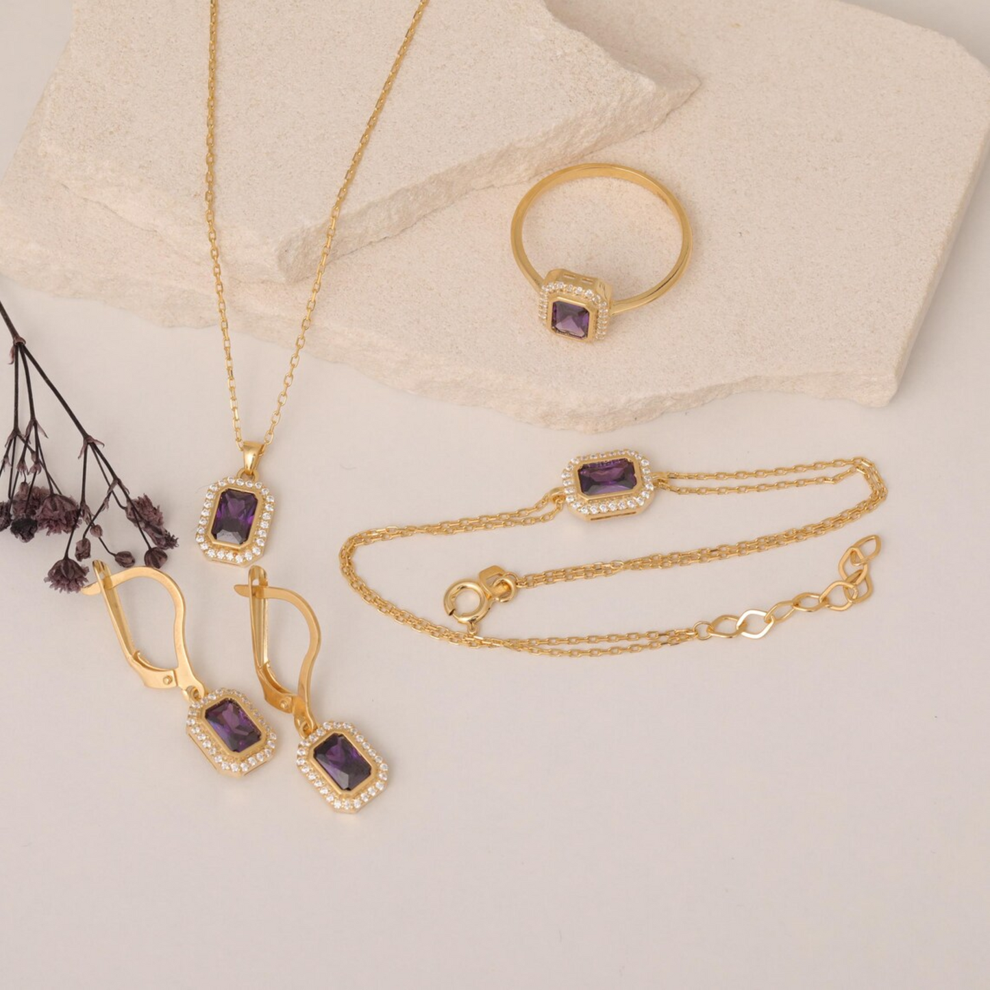Rectangle Amethyst Bezel Dangle Earrings in 8K/10K/14K Solid Gold Surrounded with Real Diamonds, February Birthstone Jewelry