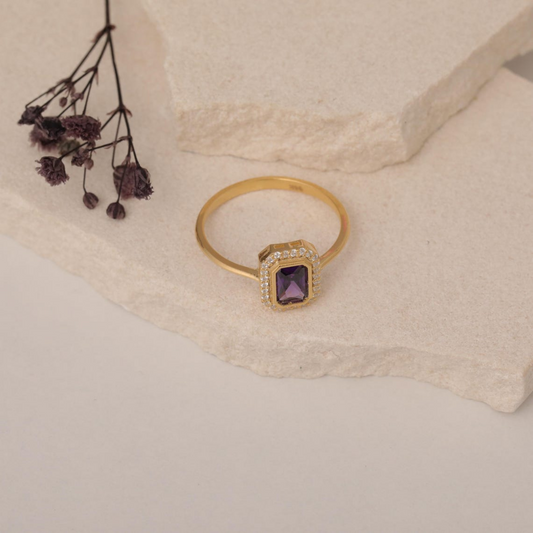 Rectangle Amethyst Bezel Ring in 14K Solid Gold Surrounded with Real Diamonds, February Birthstone Jewelry