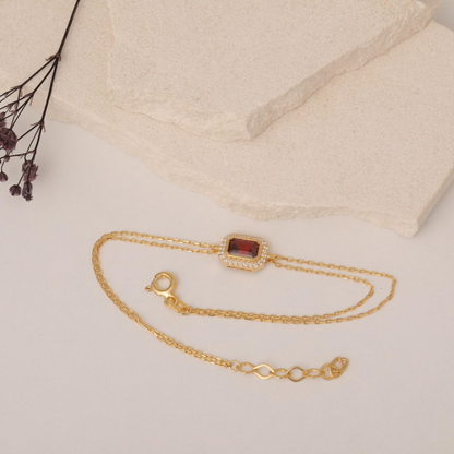 Rectangle Garnet Bezel Bracelet in 8K/10K/14K Solid Gold Surrounded with Real Diamonds, January Birthstone Jewelry