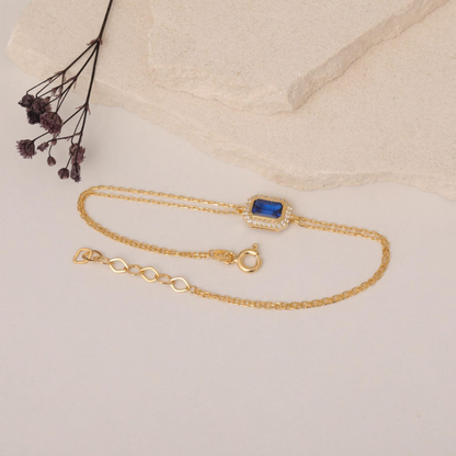 Rectangle Sapphire Bezel Bracelet in 8K/10K/14K Solid Gold Surrounded with Real Diamonds, October Birthstone Jewelry
