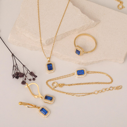 Rectangle Sapphire Bezel Ring in 14K Solid Gold Surrounded with Real Diamonds, September Birthstone Jewelry