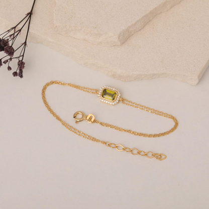 Rectangle Peridot Bezel Bracelet in 8K/10K/14K Solid Gold Surrounded with Real Diamonds, August Birthstone Jewelry