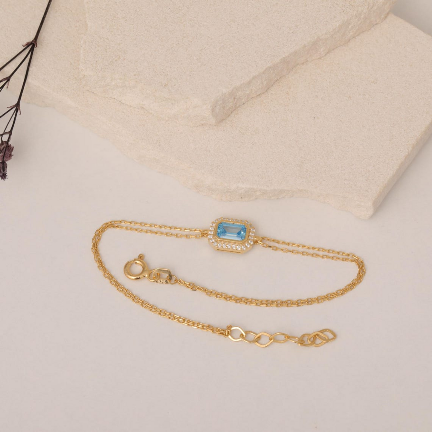 Rectangle Blue Topaz Bezel Bracelet in 8K/10K/14K Solid Gold Surrounded with Real Diamonds, December Birthstone Jewelry