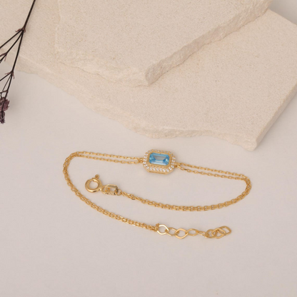 Rectangle Blue Topaz Bezel Bracelet in 8K/10K/14K Solid Gold Surrounded with Real Diamonds, December Birthstone Jewelry
