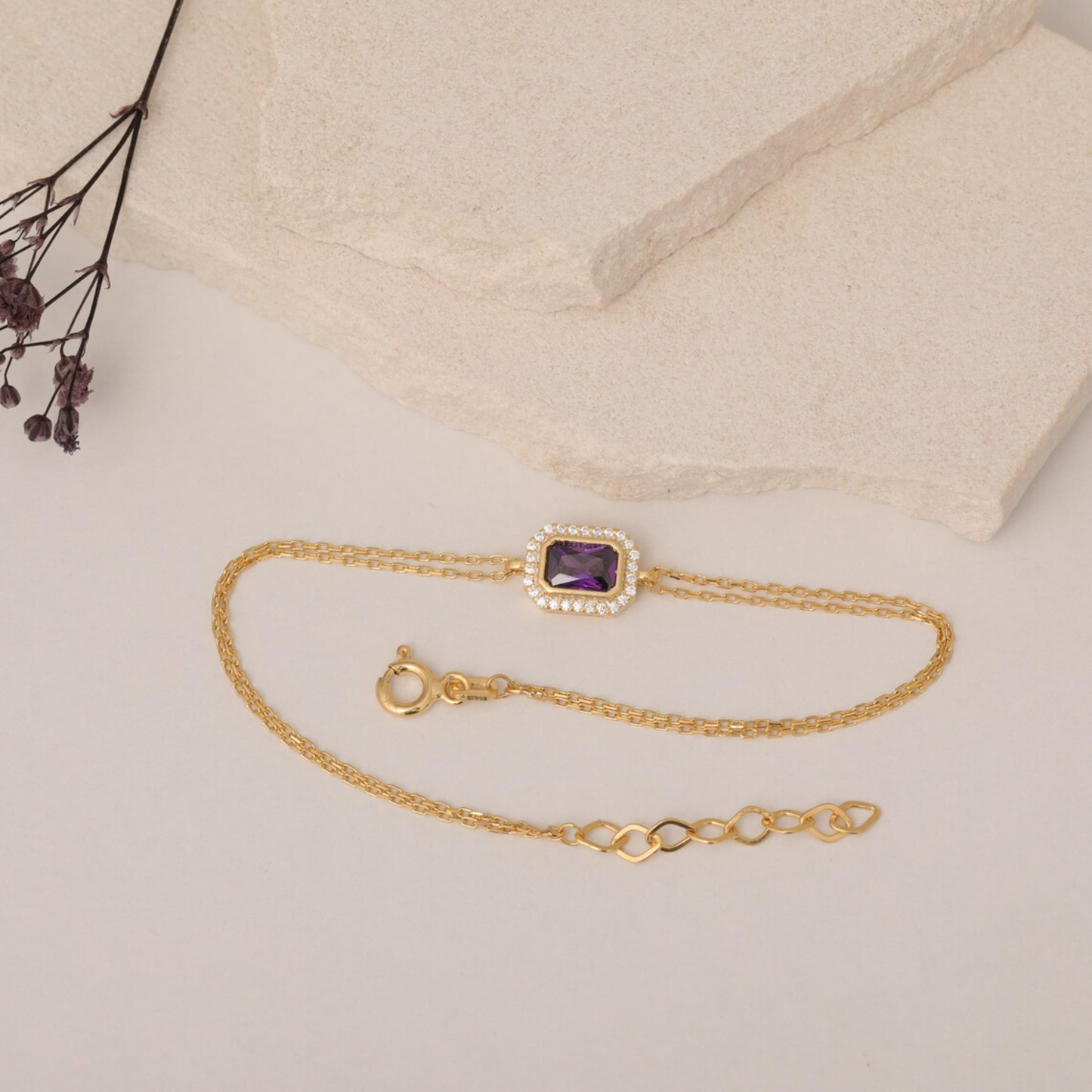 Rectangle Amethyst Bezel Bracelet in 8K/10K/14K Solid Gold Surrounded with Real Diamonds, February Birthstone Jewelry