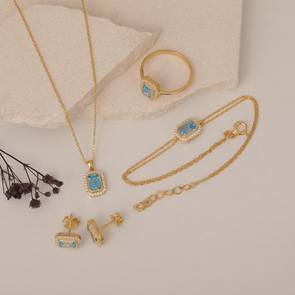 Rectangle Blue Topaz Bezel Necklace in 8K/10K/14K Solid Gold Surrounded with Real Diamonds, December Birthstone Jewelry