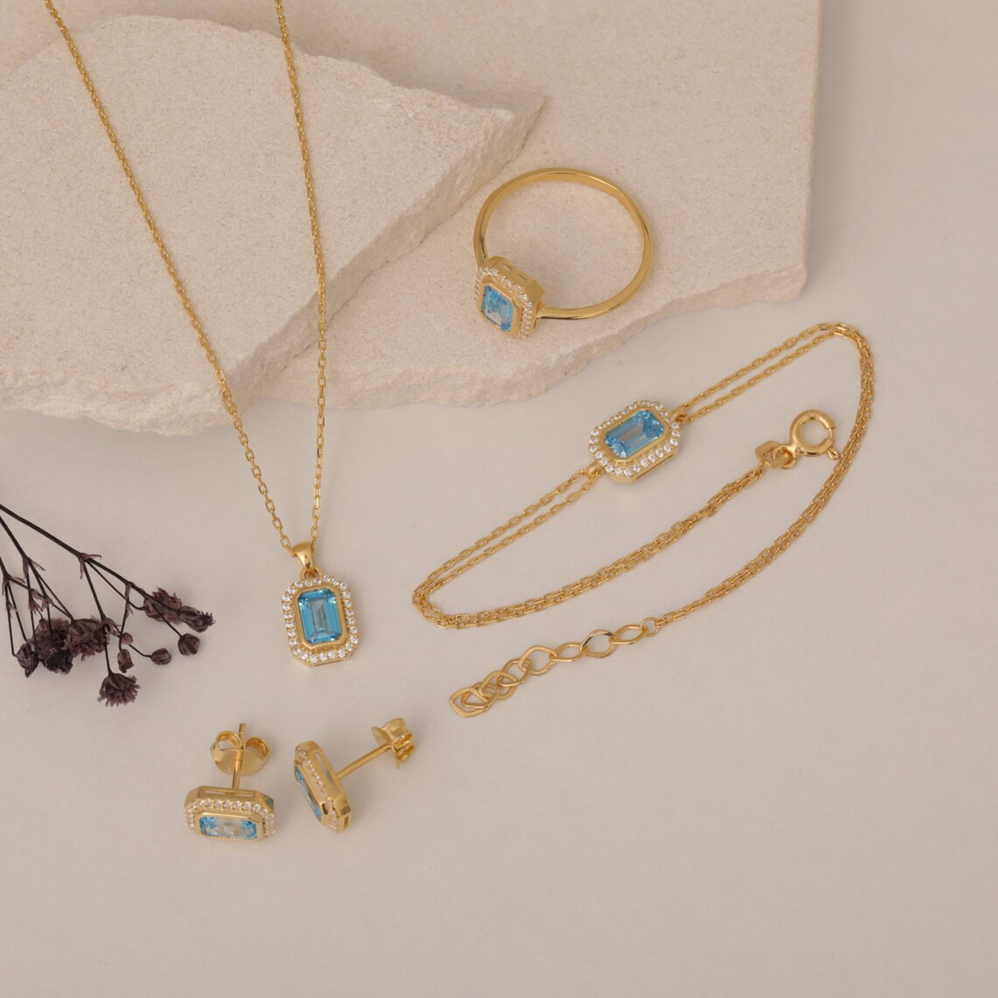 Rectangle Blue Topaz Bezel Ring in 14K Solid Gold Surrounded with Real Diamonds, December Birthstone Jewelry