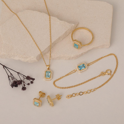 Rectangle Aquamarine Bezel Bracelet in 8K/10K/14K Solid Gold Surrounded with Real Diamonds, March Birthstone Jewelry