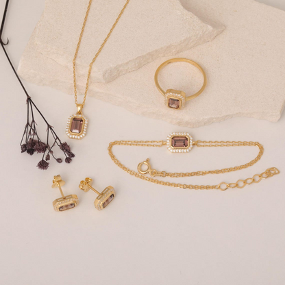 Rectangle Smoky Quartz Bezel Necklace in 8K/10K/14K Solid Gold Surrounded with Real Diamonds, Birthstone Jewelry