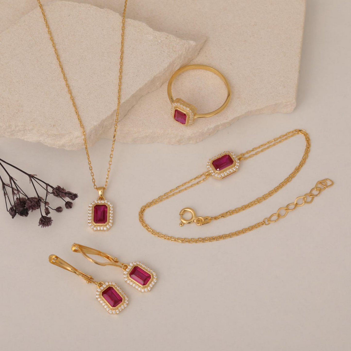 Rectangle Ruby Bezel Bracelet in 8K/10K/14K Solid Gold Surrounded with Real Diamonds, July Birthstone Jewelry