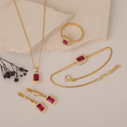Rectangle Ruby Bezel Bracelet in 8K/10K/14K Solid Gold Surrounded with Real Diamonds, July Birthstone Jewelry