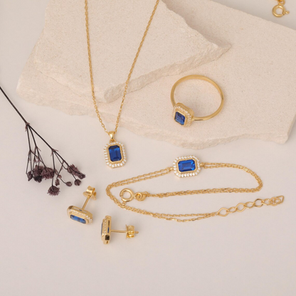 Rectangle Sapphire Bezel Ring in 14K Solid Gold Surrounded with Real Diamonds, September Birthstone Jewelry