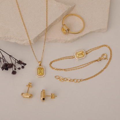Rectangle Yellow Topaz Bezel Necklace in 8K/10K/14K Solid Gold Surrounded with Real Diamonds, Birthstone Jewelry