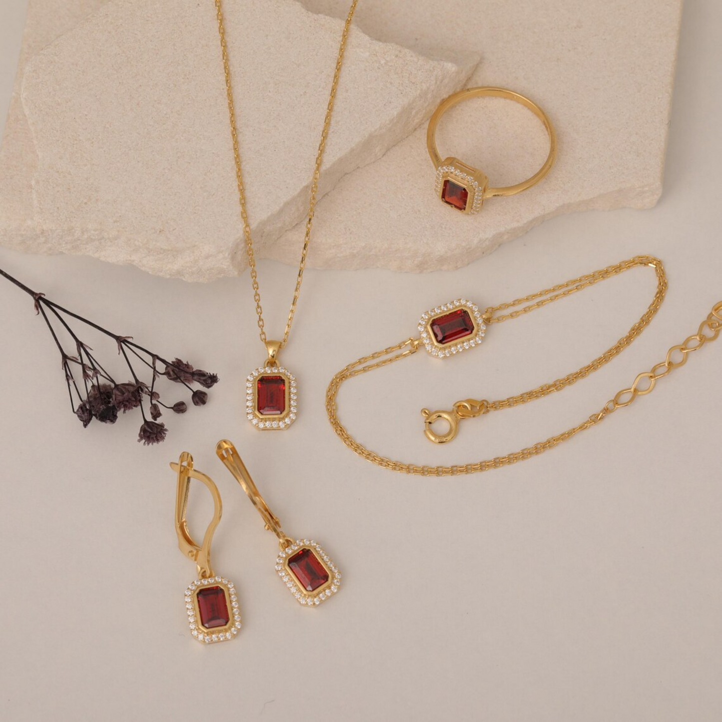 Rectangle Garnet Bezel Bracelet in 8K/10K/14K Solid Gold Surrounded with Real Diamonds, January Birthstone Jewelry