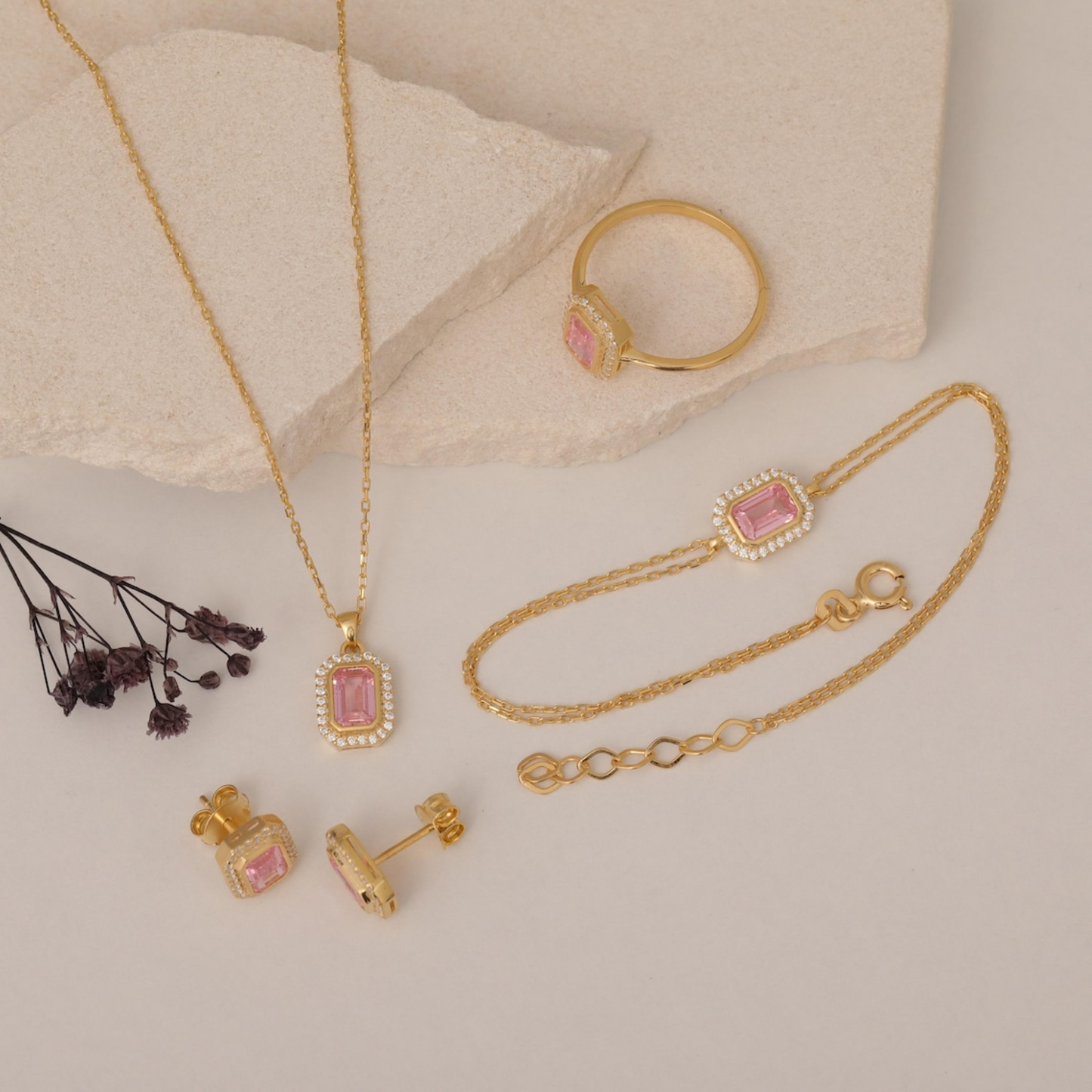 Rectangle Pink Tourmaline Bezel Necklace in 8K/10K/14K Solid Gold Surrounded with Real Diamonds, October Birthstone Jewelry