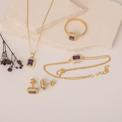 Rectangle Amethyst Bezel Bracelet in 8K/10K/14K Solid Gold Surrounded with Real Diamonds, February Birthstone Jewelry