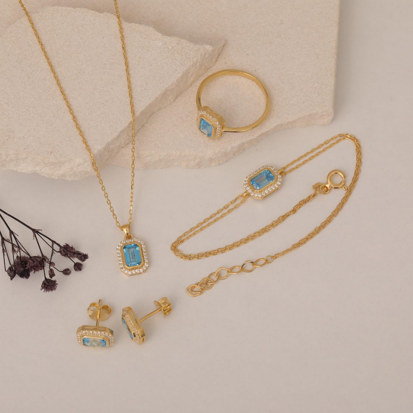 Rectangle Blue Topaz Bezel Bracelet in 8K/10K/14K Solid Gold Surrounded with Real Diamonds, December Birthstone Jewelry