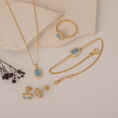 Rectangle Blue Topaz Bezel Bracelet in 8K/10K/14K Solid Gold Surrounded with Real Diamonds, December Birthstone Jewelry