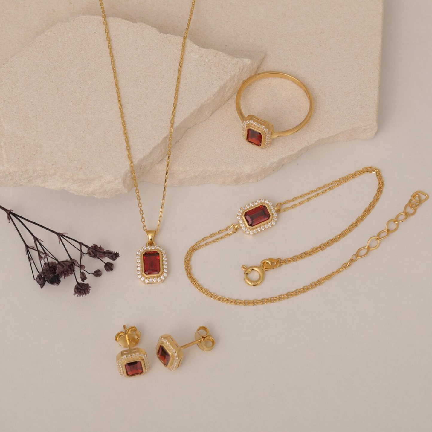 Rectangle Garnet Bezel Bracelet in 8K/10K/14K Solid Gold Surrounded with Real Diamonds, January Birthstone Jewelry