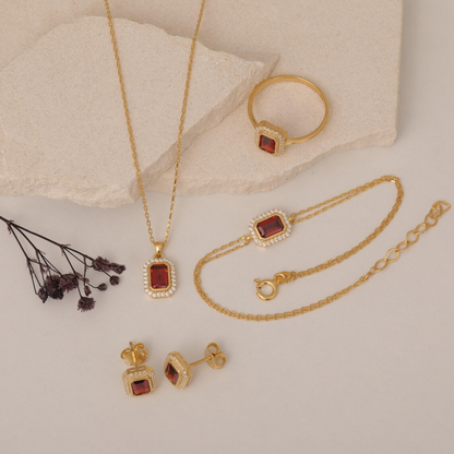 Rectangle Garnet Bezel Bracelet in 8K/10K/14K Solid Gold Surrounded with Real Diamonds, January Birthstone Jewelry