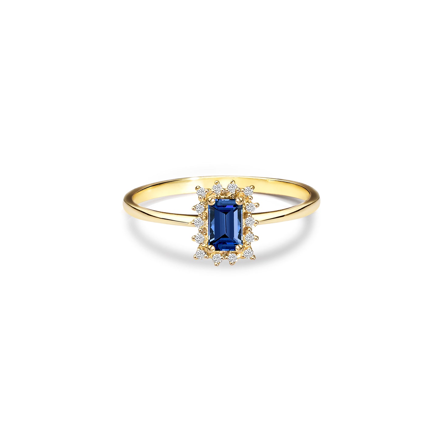 Sapphire Rectangle Ring with Real Diamonds, 14K Solid Gold