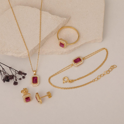 Rectangle Ruby Bezel Bracelet in 8K/10K/14K Solid Gold Surrounded with Real Diamonds, July Birthstone Jewelry