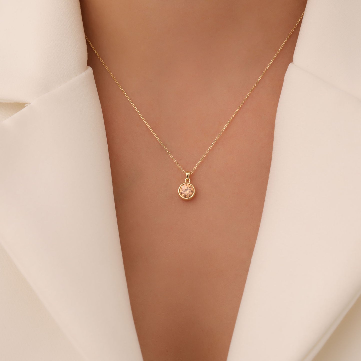 Round Citrine Bezel Necklace in 14K Solid Gold | November Birthstone Pendant Queen Jewelry Necklace