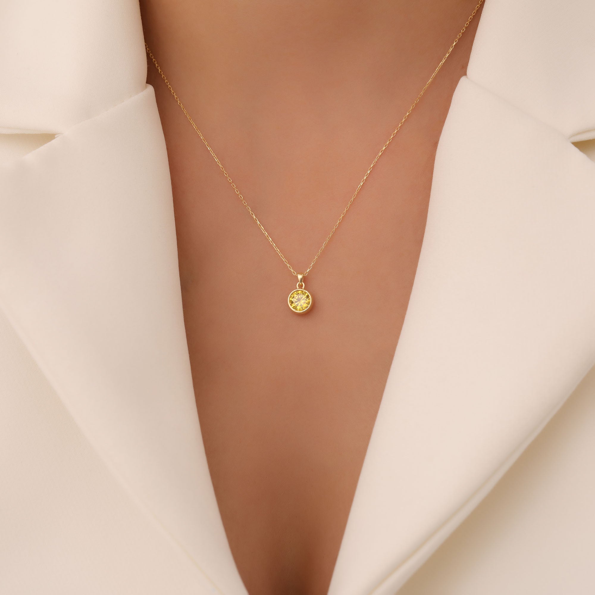 Round Yellow Topaz Bezel Necklace in 14K Solid Gold | Birthstone Pendant Queen Jewelry Necklace