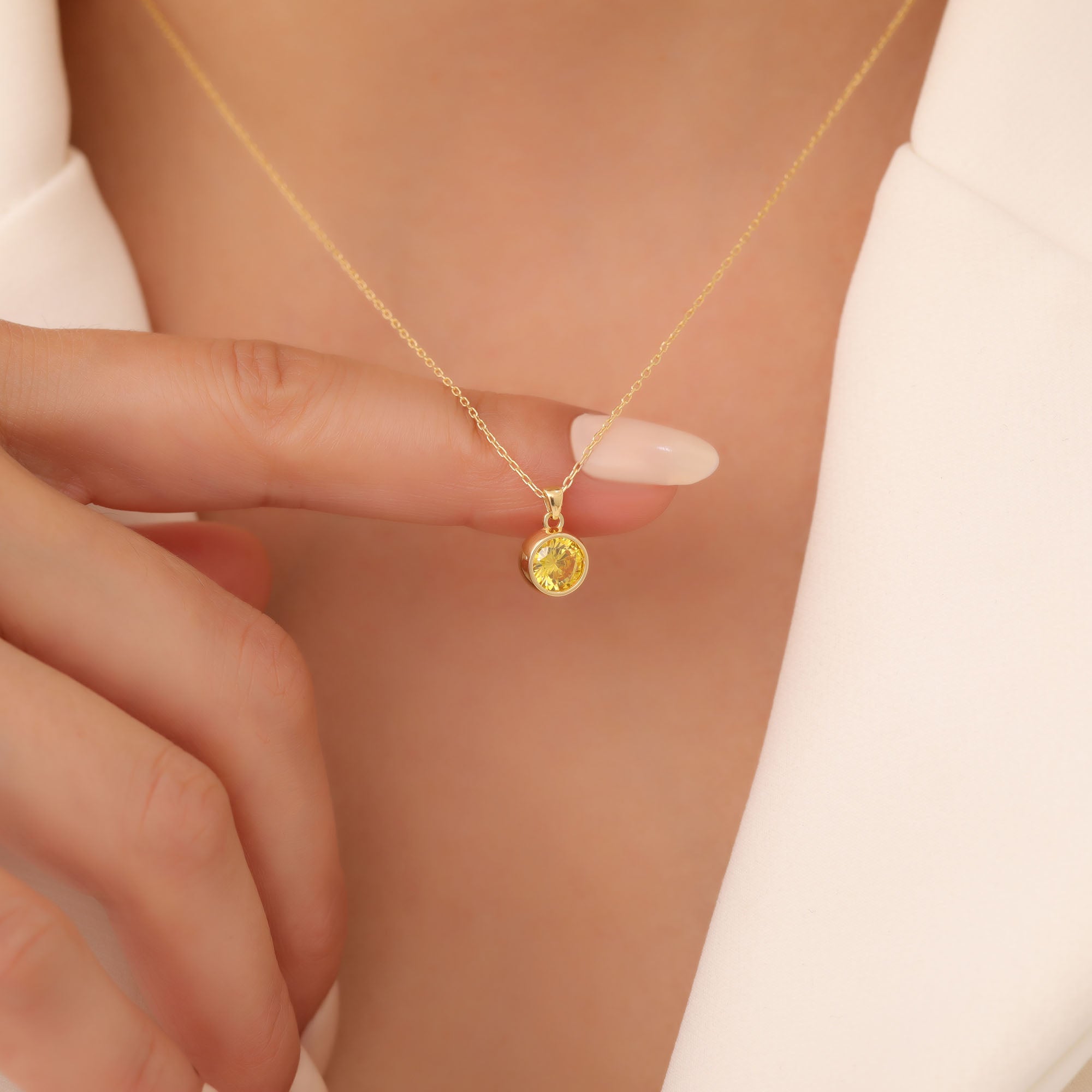 Round Yellow Topaz Bezel Necklace in 14K Solid Gold | Birthstone Pendant Queen Jewelry Necklace