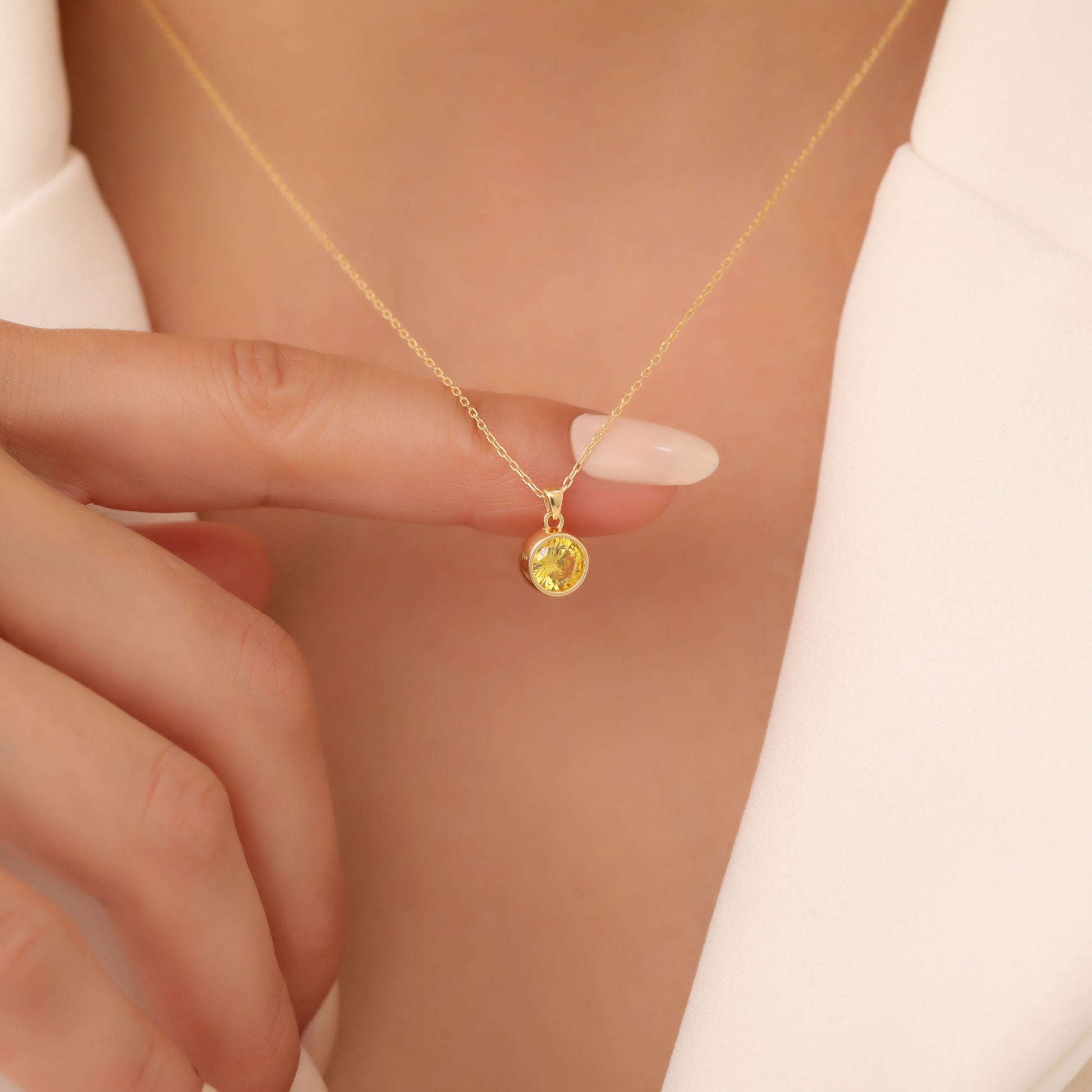 Round Yellow Topaz Bezel Necklace in 14K Solid Gold | Birthstone Pendant Queen Jewelry Necklace