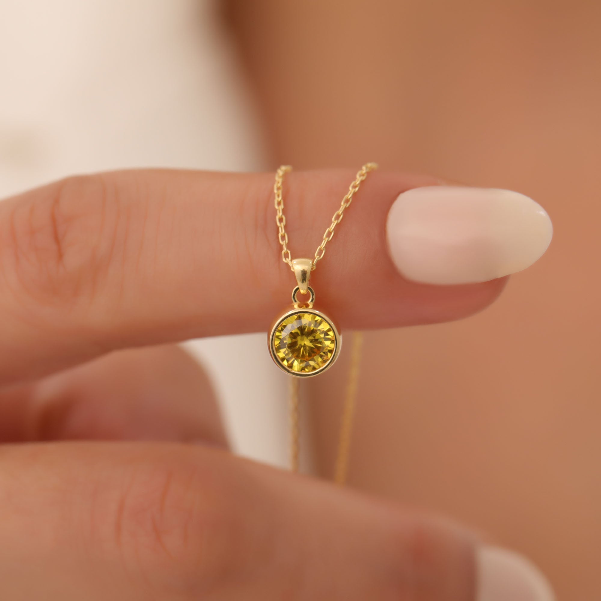 Round Yellow Topaz Bezel Necklace in 14K Solid Gold | Birthstone Pendant Queen Jewelry Necklace