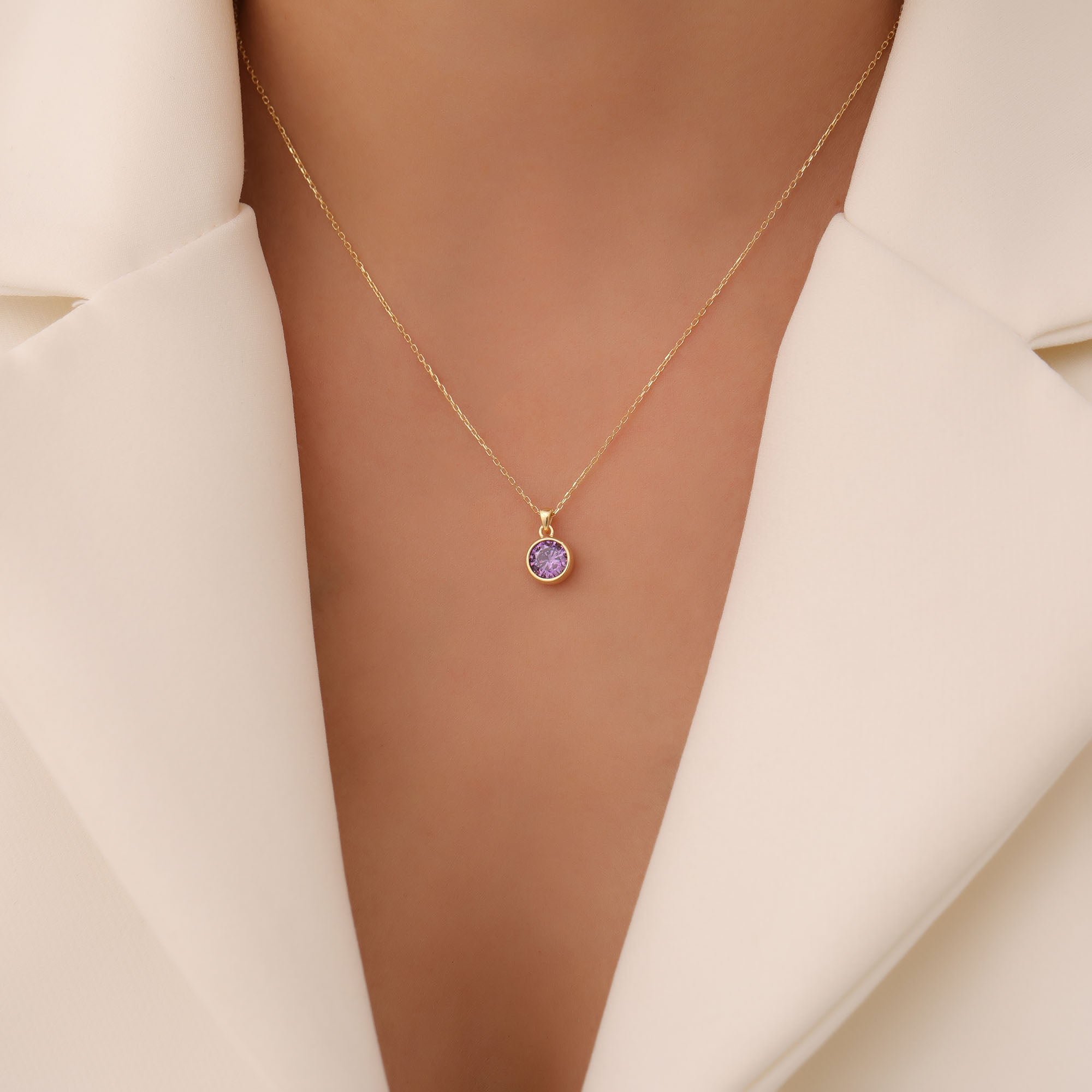 Round Amethyst Bezel Necklace in 14K Solid Gold | February Birthstone Pendant Queen Jewelry Necklace