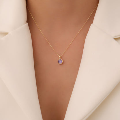 Round Amethyst Bezel Necklace in 14K Solid Gold | February Birthstone Pendant Queen Jewelry Necklace