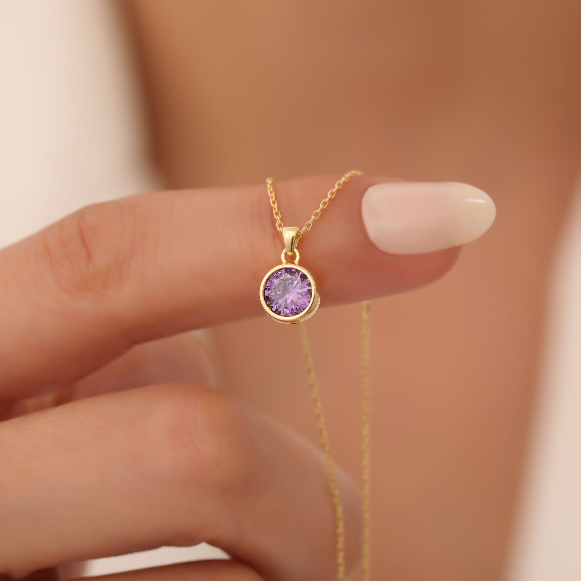 Round Amethyst Bezel Necklace in 14K Solid Gold | February Birthstone Pendant Queen Jewelry Necklace
