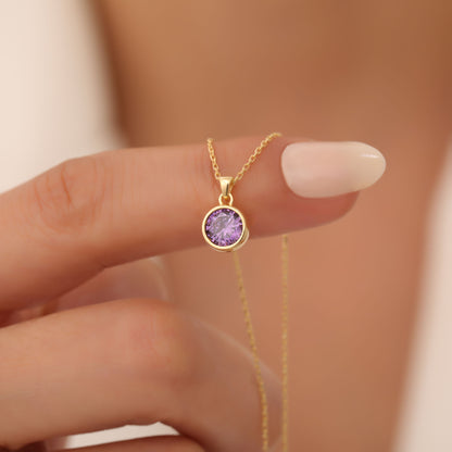 Round Amethyst Bezel Necklace in 14K Solid Gold | February Birthstone Pendant Queen Jewelry Necklace