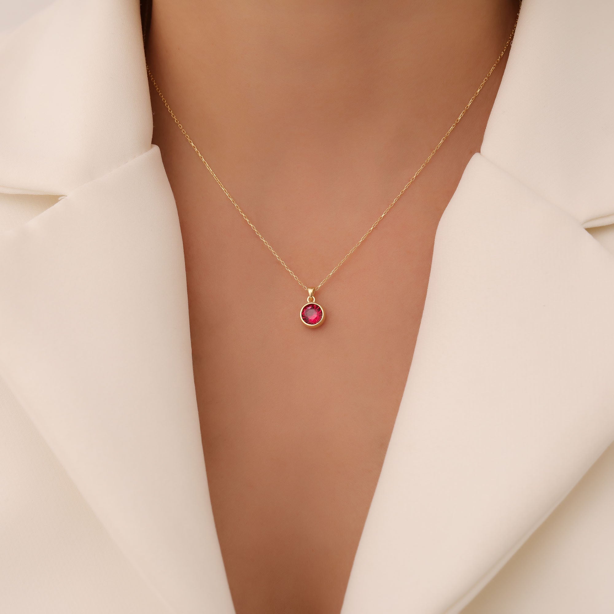 Round Ruby Bezel Necklace in 14K Solid Gold | July Birthstone Pendant Queen Jewelry Necklace