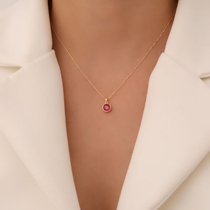 Round Ruby Bezel Necklace in 14K Solid Gold | July Birthstone Pendant Queen Jewelry Necklace