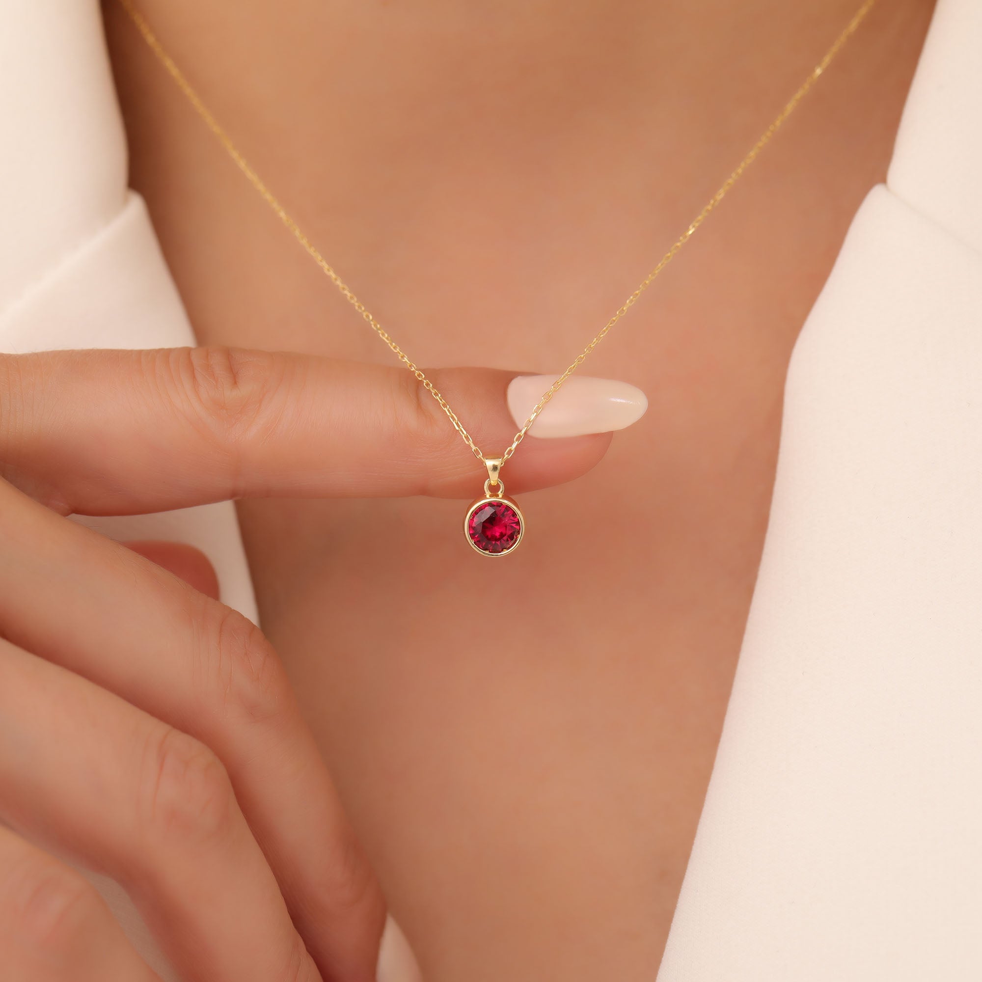 Round Ruby Bezel Necklace in 14K Solid Gold | July Birthstone Pendant Queen Jewelry Necklace