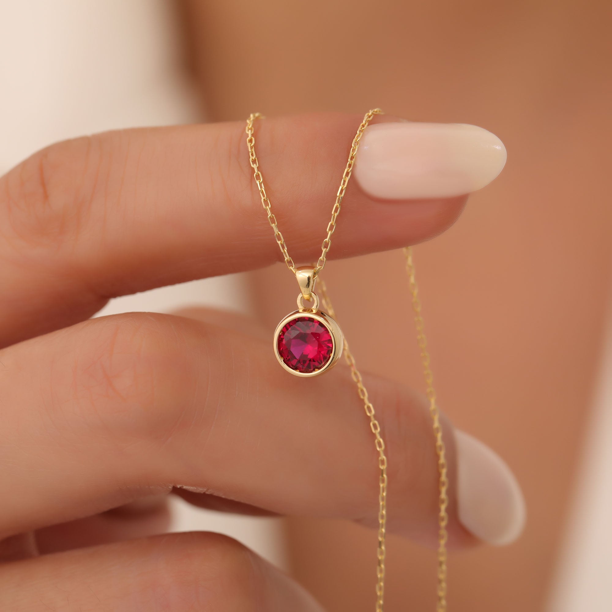 Round Ruby Bezel Necklace in 14K Solid Gold | July Birthstone Pendant Queen Jewelry Necklace