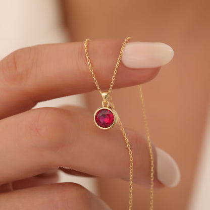 Round Ruby Bezel Necklace in 14K Solid Gold | July Birthstone Pendant Queen Jewelry Necklace